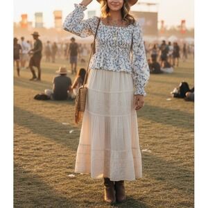 DIZZY lizzy Square Neck Floral Smocked Peplum Top Sz S‎ White L/S Peasant Boho